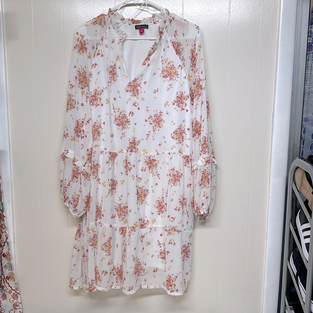 New Vince Camuto boho floral V-neck tiered ruffle mini dress size L